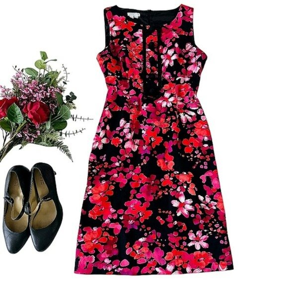 London Times Women's Mini Dress Size 8 Red Pink Floral Sleeveless Office Party - Picture 1 of 11